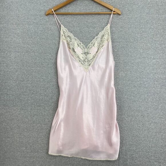 Vintage Val Mode Lingerie Womens Medium Pink Lace Slip Dress Negligee USA Satin - Picture 1 of 13